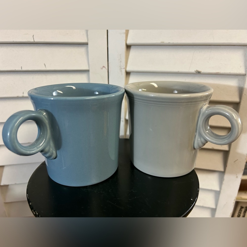 Fiesta USA 2 mugs Fiestaware marked on bottom - soft gray & blue coffee cups